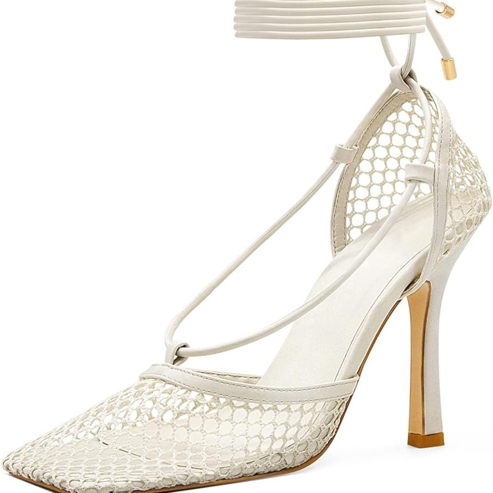 White fishnet heels